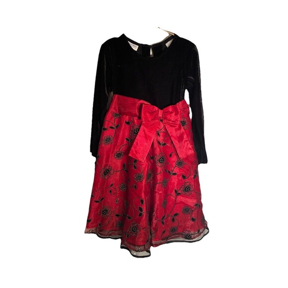 Blueberi Boulevard Girls Red Black Party Dress. Velvet Feel Top, Embroidered 6 - Picture 4 of 11